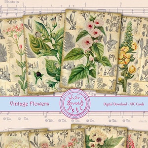 Vintage Flowers - Digital Collage Sheet Flowers Digital Cards Instant Download Printable ATC Cards 2.5”x3.5” ACEO Botanical Digital Image