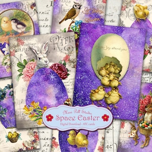 Cartões ATC de Páscoa, Conjunto de Cartões Espaciais, Kit Imprimível de Páscoa Espacial 2,5”x3,5”, Imagem Digital de Primavera, Folha de Colagem Digital de Páscoa, Download Instantâneo