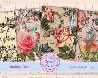 Shabby Chic - Digital Collage Sheet Digital Cards Instant Download Printable ATC Cards 2.5”x3.5” ACEO Shabby Chic Cards Digital Image Flower