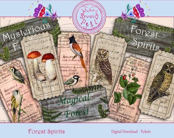 Forest Spirits Tickets, Woodland Tickets, Digital Collage Sheet, Instant Download Printable Tickets, Forest Coupons, Vintage Forest Tickets