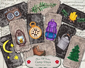 Camp Vibes Tickets, Camping Tickets, Hiking Tickets, Digital Collage Sheet, Instant Download Printable Tickets, Camping Coupons, Adventure