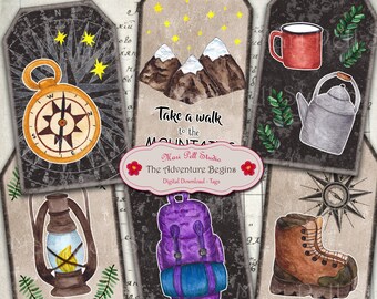 Adventure Begins Tags, Camping Tags, Hiking Tags, Printable Tags, Ephemera Tags, Digital Gift Tags, Vintage Tags, Scrapbooking, Travel Tags