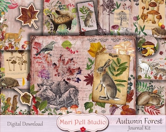 May include: A digital collage featuring an "Autumn Forest Journal Kit" with vintage illustrations of woodland creatures, mushrooms, and autumn leaves. The color palette includes warm browns, reds, and greens, with handwritten script accents.