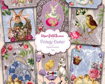 Vintage Easter Tags, Spring Ephemera, Printable Easter Tags, Shabby Chic Easter, Easter Bunnies & Chicks, Victorian Easter, Digital Gift Tag