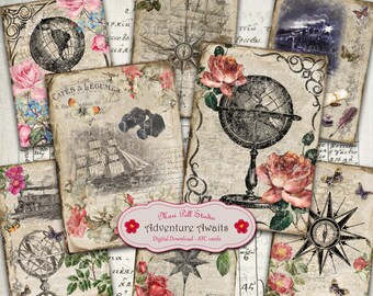 Adventure Awaits Card Set, ATC cards, Travel Printable Kit 2.5”x3.5”, Travel Digital Image, Adventure Digital Collage Sheet Instant Download