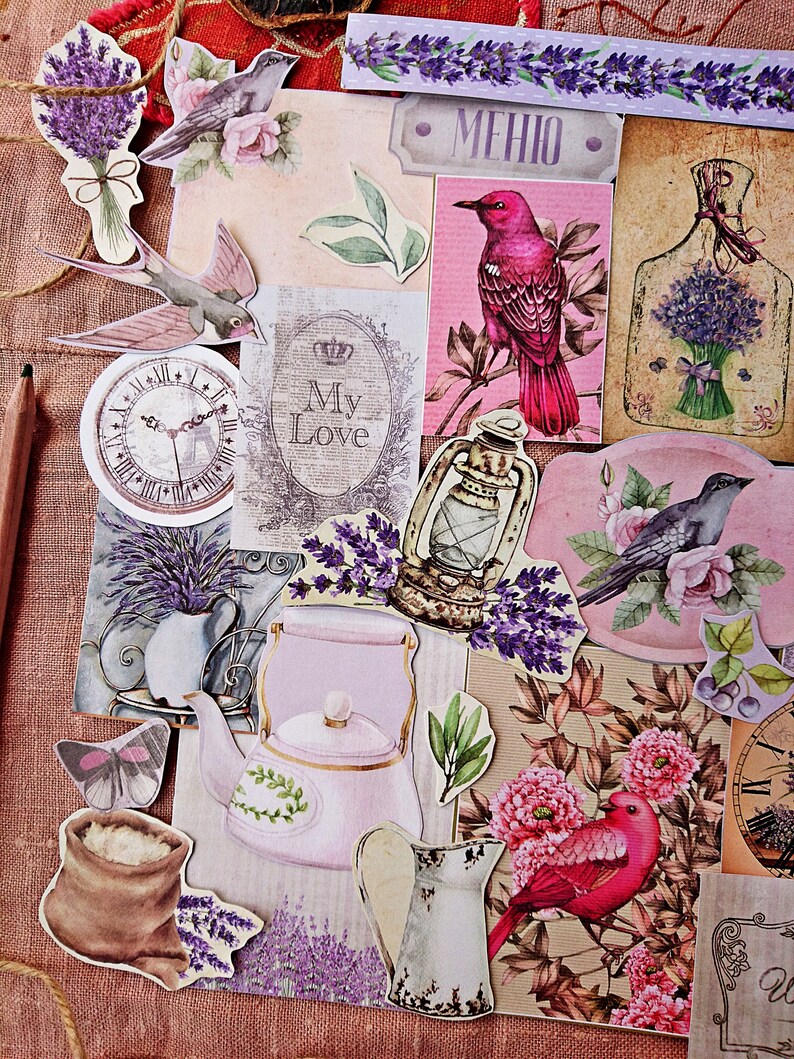 Provence Inspiration Vintage Style Paper Ephemera Pack Retro Floral Birds 50 Pieces Junk Journal Collage Supplies Set Scrapbooking Kit