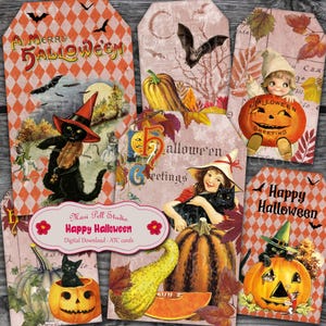 Halloween Tags, All Hallows&#39; Eve Tags, Vintage Halloween Tags, Printable Tags, Ephemera Tags, Digital Gift Tags, Scrapbooking, Autumn Tags