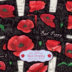 Red Poppy Card Set Printable, Papaver ACEO, Poppy ATC 2.5”x3.5”, Flower Digital Image, Botanical Digital Collage Sheet, Instant Download