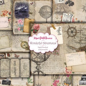 Vintage Reise Junk Journal Kit, druckbare Abenteuer Ephemera Pack, Retro Voyage Scrapbook Kit, digitales Papier, DIY Reisejournal Zubehör
