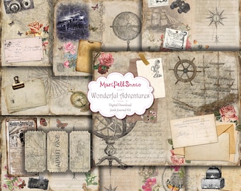 May include: A digital junk journal kit with a vintage travel theme. The kit includes images of maps, globes, compasses, ships, tickets, and postcards. The text "Wonderful Adventures" is featured in the center of the image.