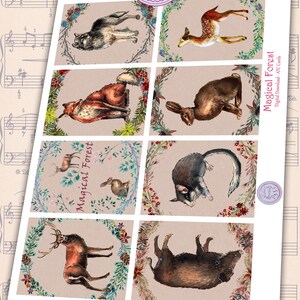 Op de afbeelding: Acht digitale downloadkaarten met aquarel illustraties van bosdieren in kransen. De dieren omvatten een wolf, een hert, een vos, een konijn, een eekhoorn, een konijn, een hert en een everzwijn. De tekst "Magical Forest" staat op twee van de kaarten.