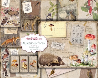 Mysterious Forest Junk Journal Kit, Forest Ephemera Pack, Printable Journal Kit, Woodland Journal Kit, Digital Paper Journal, Scrapbook Kit