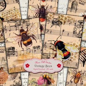 Bee Card Set Printable, Honey ACEO, Bee ATC 2.5”x3.5”, Insect Digital Image, Digital Collage Sheet, Instant Download, Vintage Paper Ephemera