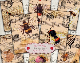 Bee Card Set Afdrukbaar, Honing ACEO, Bee ATC 2.5 "x3.5", Insect Digitale Afbeelding, Digitale Collage Blad, Instant Download, Vintage Papier Ephemera