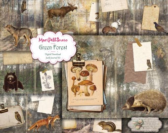 Forest Junk Journal Kit, Printable Woodland Journal, Nature Scrapbook Kit, Botanical Ephemera Pack, Vintage Forest Journaling, Digital Paper