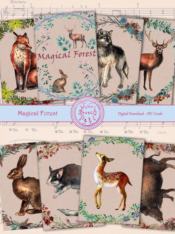 Magical Forest, Digital Collage Sheet Digital Cards Instant Download Printable ATC Cards 2.5” x 3.5” ACEO Forest Animals Cards Digital Image