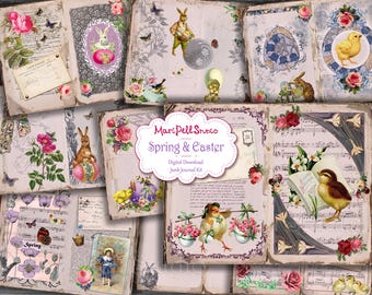 Spring Junk Journal Kit, Easter Ephemera Pack, Printable Floral Journal Pages, Vintage Bunny Scrapbook Paper, Digital Download Journaling