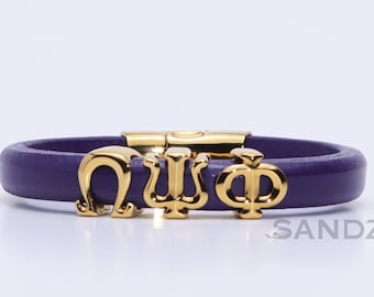 Omega Psi Phi-armband – paarse leren polsband, gouden Griekse letters