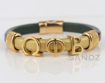 Omega Phi Beta Bracelet. Forrest Green and Gold Leather with Gold Greek Letters 7RD