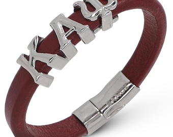 Kappa Alpha Psi herrarmband: Crimson läderarmband med grekiska bokstäver i rostfritt stål