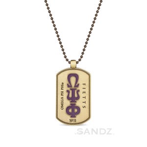 Omega Psi Phi Necklace Dog Tag , Double Sided, embossed Greek letters with motto FIETTS and 1911, Fraternity Crest on reverse side