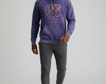 Omega Psi Phi-hoodie, vintage gewassen raglansweater met bliksemschichtlogo, zachte ringgesponnen katoenfleece, Griekse broederschapskleding