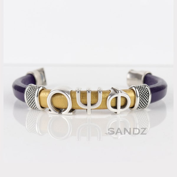 Omega Psi Phi Fraternity Bracelet. Royal Purple and Gold Leather with Silver Greek Letters. "SANDZ" 7RD