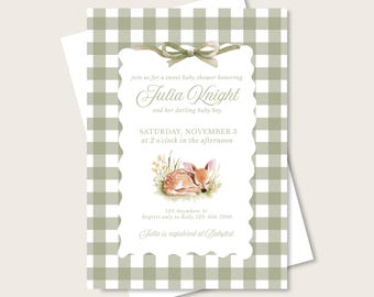 Deer Baby Shower Invitation Template Boy, Woodland Baby Shower Invite, Gingham Baby Shower Invitation, Editable Invite, Vintage Baby Shower