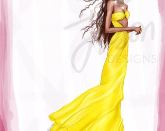 Fashion Illustration Art Print 2021 Oscars Red Carpet Zendaya in Valentino Couture, Academy Awards