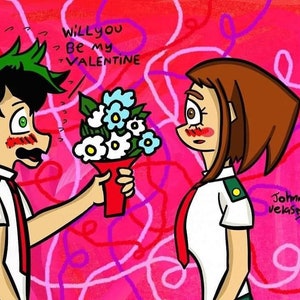 Puede incluir: Una ilustración de dibujos animados de dos personas, una sosteniendo un ramo de flores blancas y azules y diciendo "¿Quieres ser mi Valentín?" a la otra.
