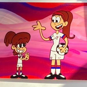 May include: Two cartoon girls wearing white soccer jerseys with red, white, and blue accents. The girl on the left is smiling and clapping her hands. The girl on the right is smiling and holding a soccer ball. The background is a pink and purple abstract design.