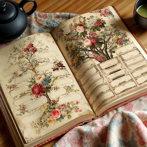 May include: An open vintage book with floral illustrations, a black teapot, and a cup of green tea are arranged on a floral patterned cloth. A branch of pink blossoms adds a touch of color to the scene.