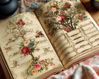 Vintage Floral Family Tree Journal, History Record Book (PDF Download)