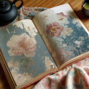 Puede incluir: Un libro abierto con ilustraciones florales, una tetera negra y una taza de té verde están dispuestos sobre una tela con estampado floral. Una rama de flores de cerezo rosas y una sola flor añaden un toque de color.