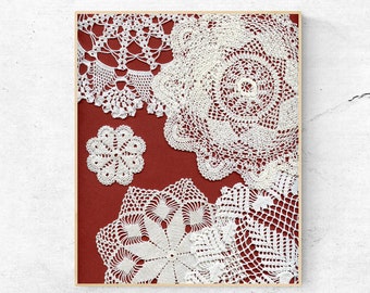 INSTANT DOWNLOAD, Red and White Lace Doilies, Lace Printable, Lace wall art, Lace Digital prints room wall Decor, Doily digital image