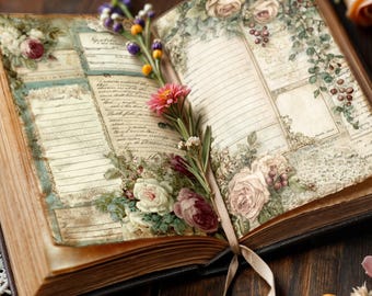 May include: An open antique book with floral illustrations and lined pages. The book is adorned with fresh flowers, including pink and peach roses, and a beige ribbon. The background is a dark wooden surface with lace.