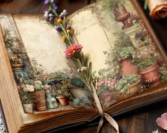Peut inclure: Un livre ouvert aux pages vieillies, avec des illustrations détaillées de plantes en pot et d'une scène de jardin. Une fleur rose et un ruban ornent les pages. Le livre est posé sur une surface en bois sombre, avec des fleurs et de la dentelle.