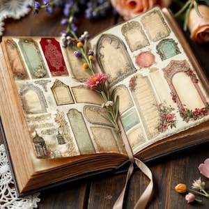 May include: An open book featuring pages filled with various vintage-style decorative labels, ornate frames, and rectangular tags in shades of cream, red, green, and gold, accented by a small sprig of pink and yellow flowers resting on the center.