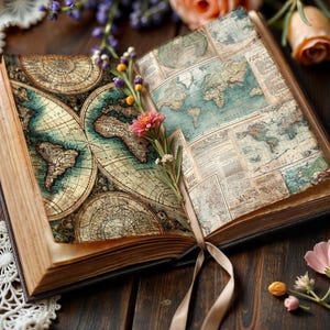 May include: An open antique book with aged pages displaying vintage world maps. The book is adorned with a pink flower and a ribbon bookmark. The scene is set on a dark wooden surface, with floral accents and lace.