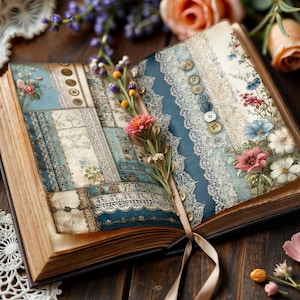 Peut inclure: Un livre ouvert avec des pages décorées de dentelle, de motifs floraux et de boutons. Les pages du livre présentent un collage de tissus bleus, blancs et beiges. Une brindille de fleurs et un ruban sont placés à l'intérieur du livre, avec des roses et d'autres fleurs en arrière-plan.
