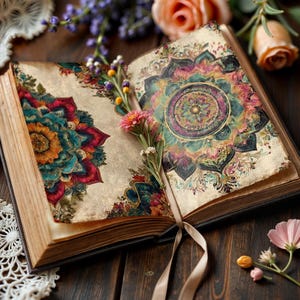 May include: An open book with aged pages, featuring colorful mandala designs in teal, orange, and purple. The book is adorned with flowers and a ribbon, set on a dark wooden surface, creating a vintage aesthetic.
