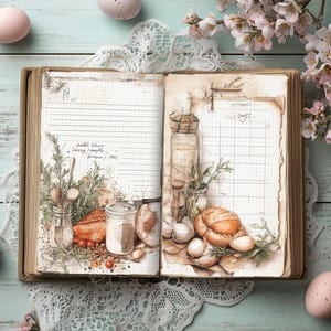 May include: A vintage cookbook with illustrated recipes and lined pages, surrounded by pastel Easter eggs, lace, and flowering branches. The illustrations depict jars, bread, and herbs, creating a rustic, springtime theme.