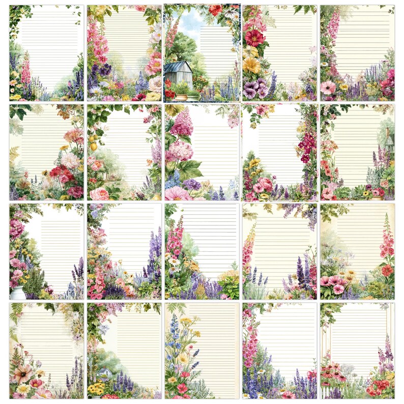 May include: A collection of lined stationery sheets, each featuring a floral border with a variety of colorful flowers. The designs include pink, purple, yellow, and white blooms, with green foliage. Some sheets have a small garden scene in the background.