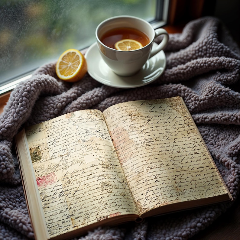Pu&ograve; includere: Una tazza di t&egrave; con una fetta di limone su un piattino, accanto a mezzo limone, su una coperta grigia. Un libro aperto con scritte manoscritte e francobolli &egrave; appoggiato sulla coperta, creando una scena accogliente e rilassante.