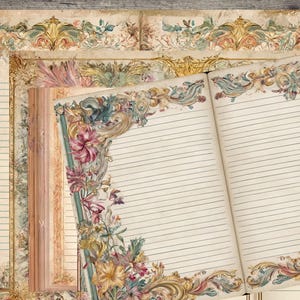 Puede incluir: Juego de papelería de estilo vintage con papel rayado y bordes florales. Las páginas son de color crema con adornos dorados y pastel. El cuaderno abierto muestra un diseño floral detallado en las esquinas.
