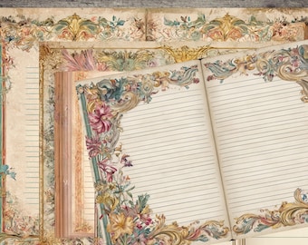 Könnte beinhalten: Vintage-Notizbuch-Set mit linierten Seiten und floralen Bordüren. Die Seiten sind cremefarben mit verzierten Gold- und Pastellakzenten. Das offene Notizbuch zeigt ein detailliertes Blumendesign in den Ecken.