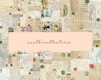 May include: A collage of vintage postcards with handwritten messages and illustrations. The postcards are in various shades of cream, brown, and blue. The text on the postcards is in German. The collage is titled "weathered textures".