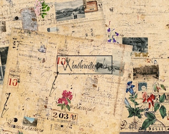 Könnte beinhalten: Ein Hintergrund im Vintage-Stil mit einer Collage aus altem Papier, handschriftlichen Notizen und Bildern. Das Papier ist hellbraun und hat einen abgenutzten und verblassten Look. Die Bilder beinhalten ein kleines Bild eines Bootes, ein Bild eines Gebäudes und ein Bild einer Blume. Der Text auf dem Papier enthält die Wörter "Weatheredtextures", "Fodgution", "10", "201", "Virusesse d'associa", "6", "8-6", "d'associat", "2030", "ob migrantsstio", "E", "3", "99" und "6511".
