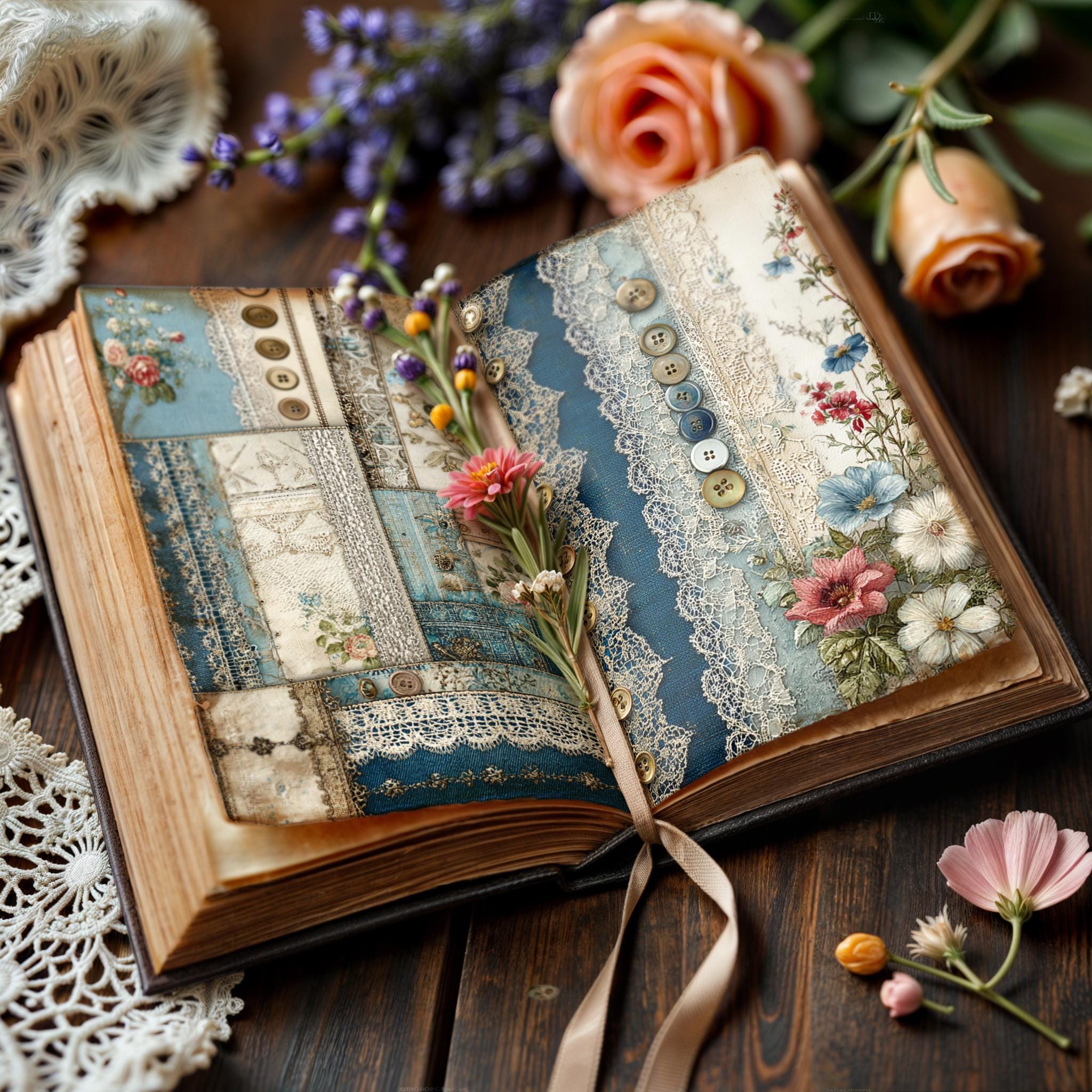 Vintage Denim Patchwork Digital Paper Pack, Shabby Chic Lace Junk ...