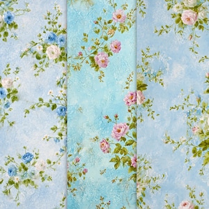 Vintage Frans digitaal papier met blauwe bloemen – 22 vellen voor commercieel gebruik, naadloze digitale achtergronden en plakboekkit